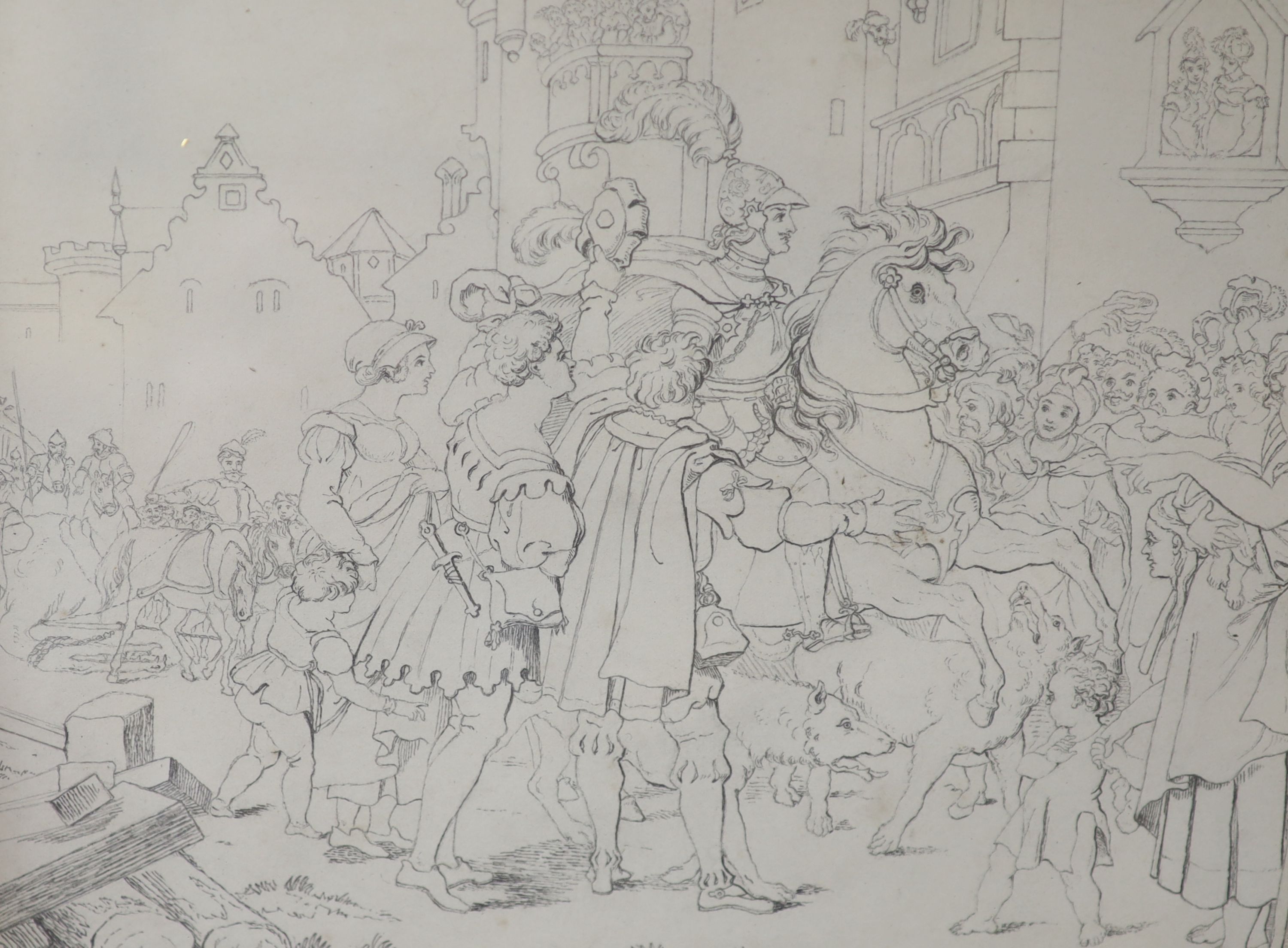 A trio of European figural group studies in the classical style, Romantically presented soldiers on horseback together with a study of figures and livestock fleeing from a dragon, pencil on paper, 16 x 22 cm (3).